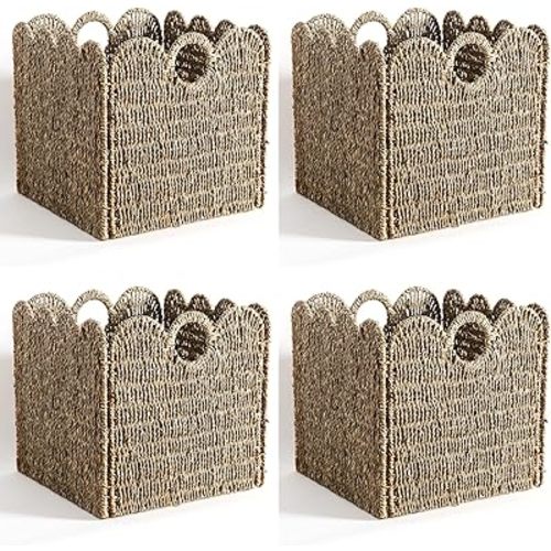 Scalloped Wicker Storage Cubes Basket, 12”x12“ Heavy Duty Paper rope/Hyacinth/Seagrass Baskets for Shelves, Foldable Natural Boho Square Bins (Seagrass, 12 x 12 x 12in, 4-Pack)