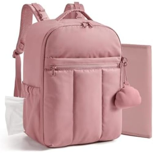 BAGSMART Baby Diaper Bag Backpack, Lightweight Puffy Diaper Bag with Insulated Pockets& Pacifier Case, Travel Stroller Straps with Waterproof Changing Pad, Dark Pink