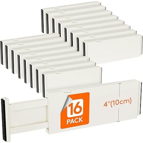 Lifewit 16 Pack Drawer Dividers 4" High, 11-17" Adjustable Drawer Organizers for Clothes, Expandable Dresser Separators in Bedroom/Bathroom/Kitchen/Fridge/Office Organization and Storage, Beige