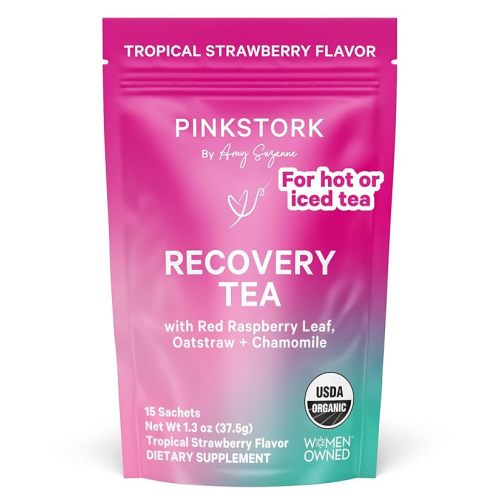 Pink Stork Postpartum Recovery Herbal Tea, Organic Red Raspberry Leaf with Chamomile, Hormone Balance for Women After Labor and Delivery, Strawberry Passion, Hot or Iced, Caffeine-Free, 15 Sachets