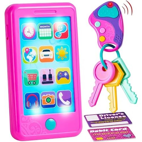 JOYIN Pretend Role Play Smart Phone, Keyfob Key Toy and Credit Cards Set, Kids Toddler Cellphone Toys, Toddler Birthday Gifts Toys for 1 2 3 4 5 Year Old, Kids Presents, Easter Basket Stuffers