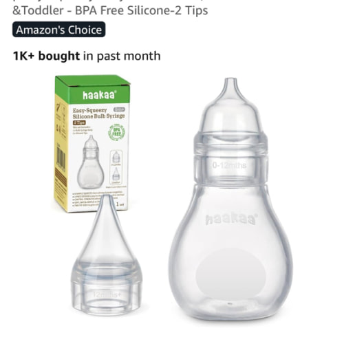 Haakaa Silicone Baby Nasal Aspirator | Nose Bulb Syringe | Easy-Squeezy Baby Nose Cleaner, 0m+ Newborn Infant &Toddler - BPA Free Silicone-2 Tips