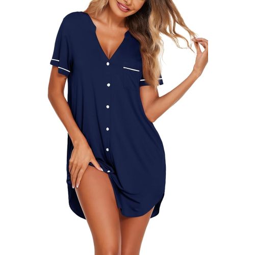 Ekouaer Nightgowns for Women Button Down Night Gowns Short Sleeve Sleep Shirt V Neck Nightshirt Soft Sleepwear Pajams Dress