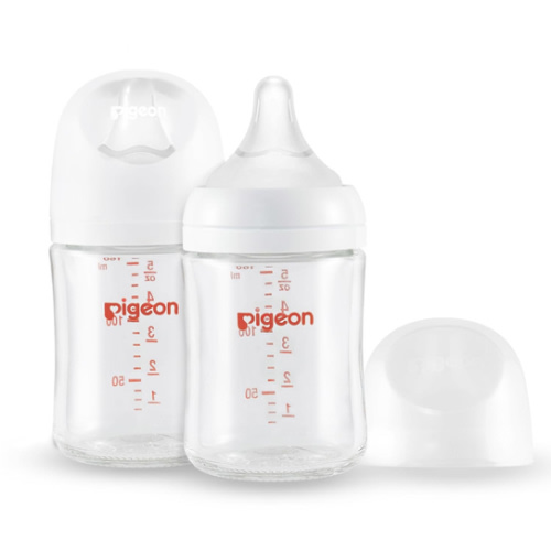 Pigeon Glass Nursing Bottle Wide Neck, Anti-Colic, Streamlined Body, Natural Feel, Easy to Clean, Heat-Resistant, 5.4 Oz(Pack of 2), Includes 2pcs SS Nipples (0m+)