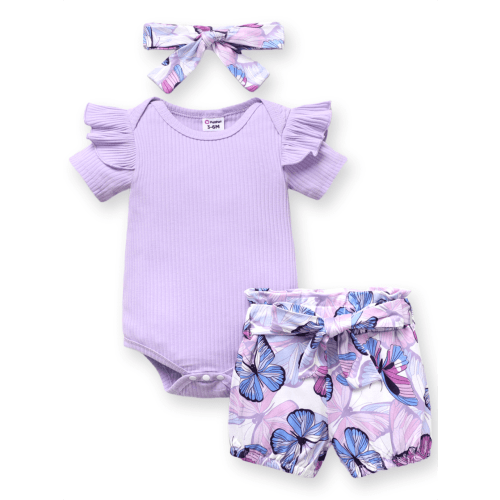 PatPat Baby Girl Outfit Sets Butterfly Print Shorts and Purple Bodysuit Headband Gift for Baby Girl 0-3 Months