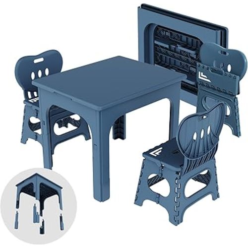 UNICOO® Kids Foldable & Height Adjustable Table Set w/2 Folding Chairs, Compact, Collapsible & Portable, Toddler Activity, Picnic Table, Card Table, Indoor/Outdoor (699) (Blue)