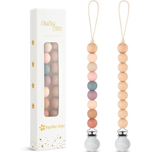 BebeBiu 2 Pack Pacifier Clips, Silicone Pacifier Clip for Baby Boys and Girls, Baby Pacifier Strap with Silicone Beads, Pacifier Holder, Keeps Pacifier Clean (Blossom/Apricot)