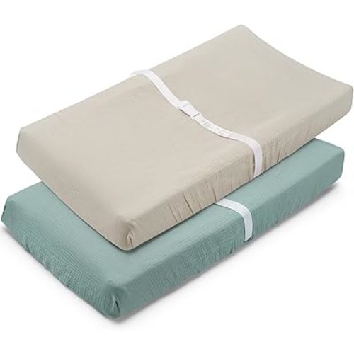 Muslin Changing Pad Cover for Baby Girls Boys-2 Pack 17"x 33" Cotton Soft Breathable Diaper Changing Pad Cover-Cozy Changing Pad Sheets-Neutral Boho Baby Showers Gift-Sage Green & Beige