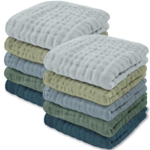 Burp Cloths 20" x 10", Pack of 10 - Large, 6-Layer, Ultra Absorbent 100% Cotton for Baby Drool and Messes - Soft, Safe & Gentle Baby Burp Cloths for Boys & Girls - Multi