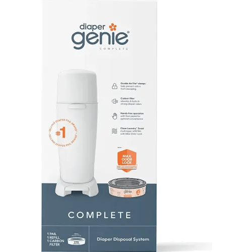 Diaper Genie Complete Diaper Pail (White) with Antimicrobial Odor Control | Includes 1 Diaper Trash Can, 1 Refill Bags, 1 Carbon Filter, Packaging may vary