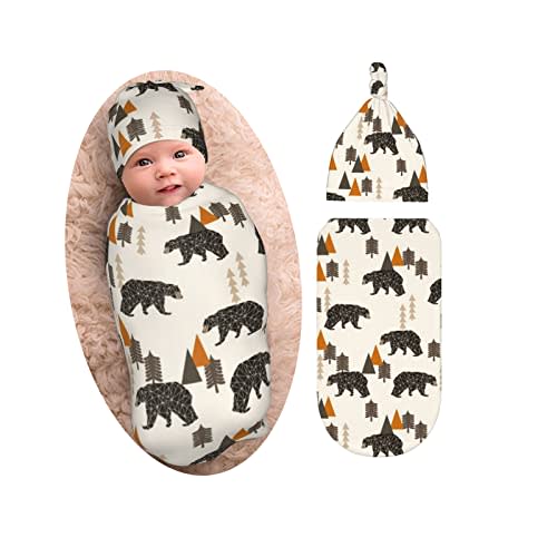 Cute Bear Newborn Swaddle Blankets Beanie Hat Sets Soft and Stretchy Baby Receiving Blanket Swaddle Sack for Baby Shower Infant Boy and Girl Gift