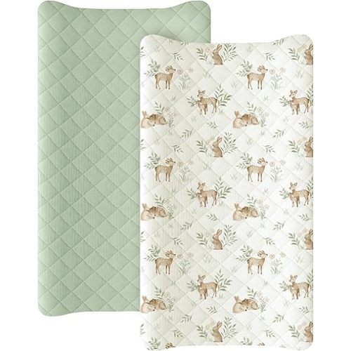 Konssy Waterproof Muslin Changing Pad Cover 2 Pack, Quilted Cotton Fitted Diaper Changing Table Cover, Soft Changing Pad Sheets for Girls Boys (Woodland, Sage)