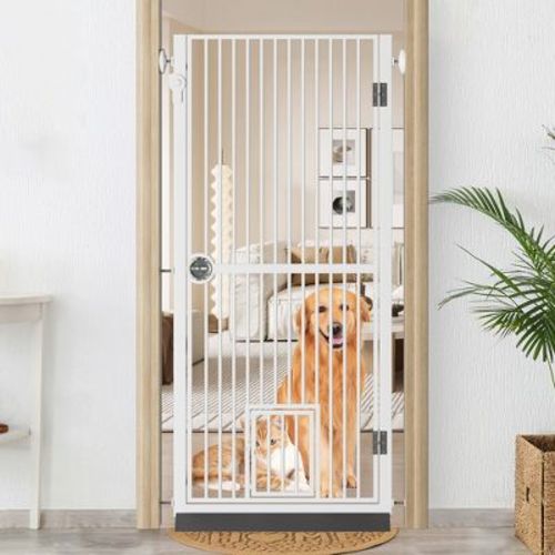 61" Extra Tall Cat Gate for Doorway, 30.2"-32.6" Adjustable Wide Dog Door with Cat Door, 1.37" Gap for Pet Gates, No Drilling Pressure Mount Kit