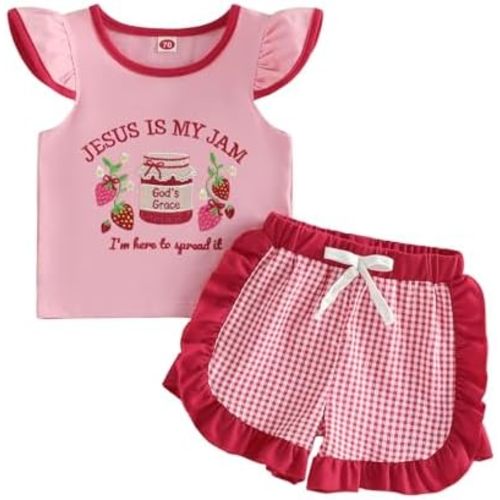 Toddler Baby Girl Summer Outfit Jesus Is My Jam Strawberry Embroidery Flutter Sleeveless Tops Ruffle Plaid Shorts Set
