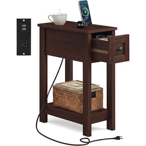 VASAGLE Farmhouse End Table with Storage Drawer, Narrow Side Table with Charging Station, Nightstand, Easy Assembly, for Living Room, Bedroom, Saddle Brown ULET328K01