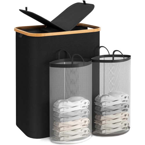 HBlife Double Laundry Hamper with Lid, Divided Laundry Hamper with Removable Bags, 140L Black