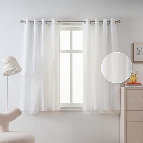 MYSKY HOME White Curtains for Bedroom 63 Inches Long Nursery Curtain Double Layers with White Polka Dots Sheer Short Kids Curtains for Girls Room Grommet Room Darkening Window Panels W52 X L63