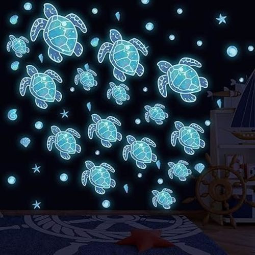 Glow in The Dark Sea Turtle Wall Decals,Under The Sea Turtle Bathroom Wall Stickers Ocean Wall Decor for Kids Baby Nursery Living Room Beach Room Decor
