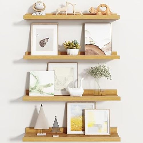 Picture Ledge Shelf, Floating Shelves Set of 4, 24 Inch Picture Shelves for Wall with Ledge, Large Nursery Book Shelf for Toys Storage, Living Room, Bedroom Decor Frames, Oak