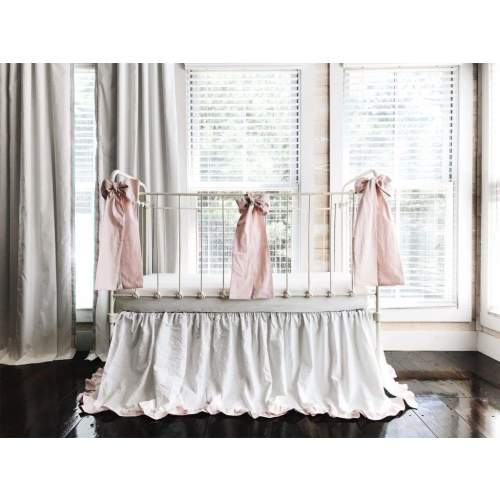 White and Baby Pink Ruffled Crib Skirt and Bows | High Cotton Textile