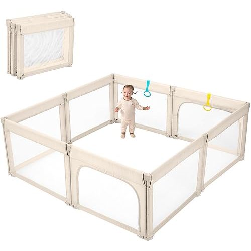 Foldable Playpen for Babies and Toddlers,Shape & Size Adjustable Large Baby Playpen 71x79 inch,Safe and Stable Playpen with Zipper Doors,Outdoors and Indoors, Khaki