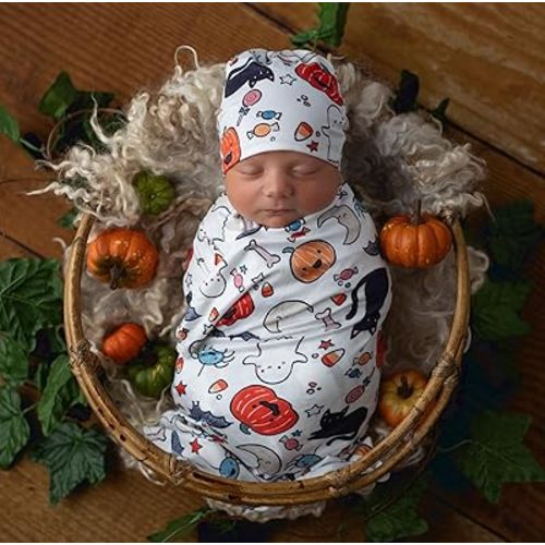 Baby Halloween Receiving Blanket Swaddle Blanket Infant Headband Beanie Set (Halloween Black)