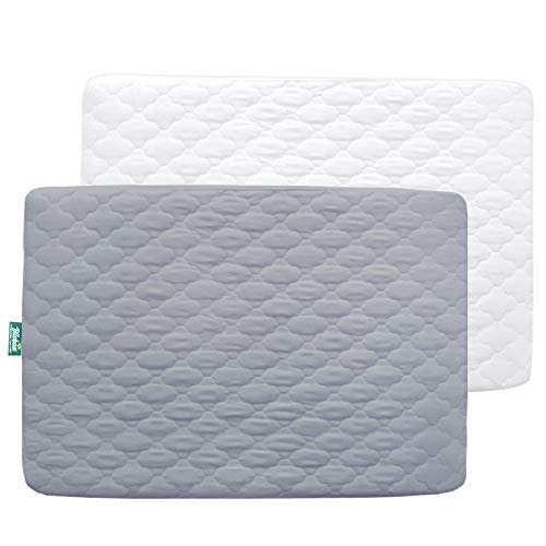 2 Pack Pack and Play Mattress Protector Sheets Fitted Waterproof Playard Mattress Pad Cover, Compatible with Graco Pack n Play & Dream On Me & Pamo Babe, Playpen/Playard Sheet, White&Gray, 39" x 27"