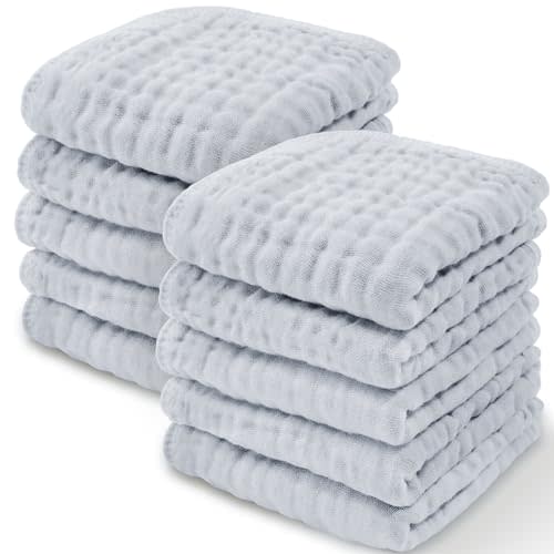 Comfy Cubs Muslin Baby Washcloths 10 Pack - Soft 6-Layer Cotton Wash Cloths for Sensitive Skin - 10"x10" Large, Gentle, Absorbent Infant Essentials for Newborn and Toddlers - (Slate)