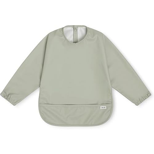 Lalo Smock Bib - Long Sleeve Baby Bib, Elastic Cuffs for Comfort, Large Catch-All Pocket, Waterproof Recycled Polyester - Durable Baby Smock Bib for Mealtime & Playtime - Ages 6-24 Mo. - Sage