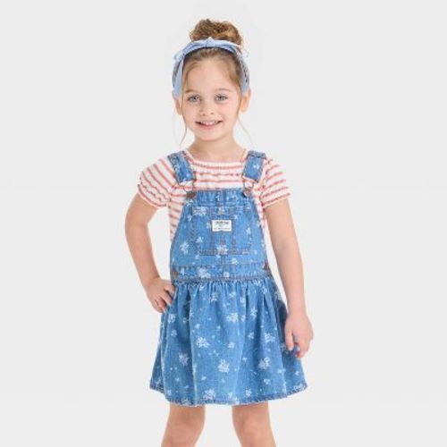 Oshkosh B'gosh Toddler Girls' Floral Denim Skirtall Dress - White 2t: Cotton, Sleeveless, Square Neckline