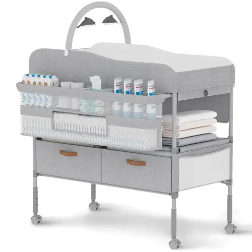 Diaper Changing Station, Portable Changing Table for Baby, Diaper Changing Table with Storage Drawers, Waterproof Baby Changing Station with Wheels and Adjustable Height for Newborn Infant and Toddler