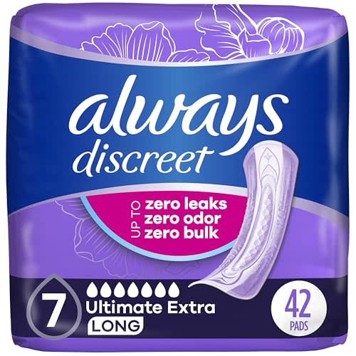 Always Discreet Adult Incontinence Pads for Women, Ultimate Extra Absorbency, Long Length, Postpartum Pads, 42 Count