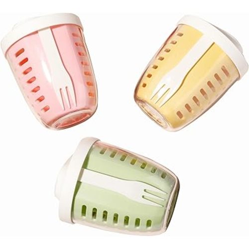 Portable Picnic Party Fruit Salad Storage Cup with Lids and Fork,20 Oz Fruit Storage Containers for Fridge with Removable Colander BPA-Free,Leak-Proof,Keep Fruits,Berry,Salad Fresh longer (pin+gre+ye)