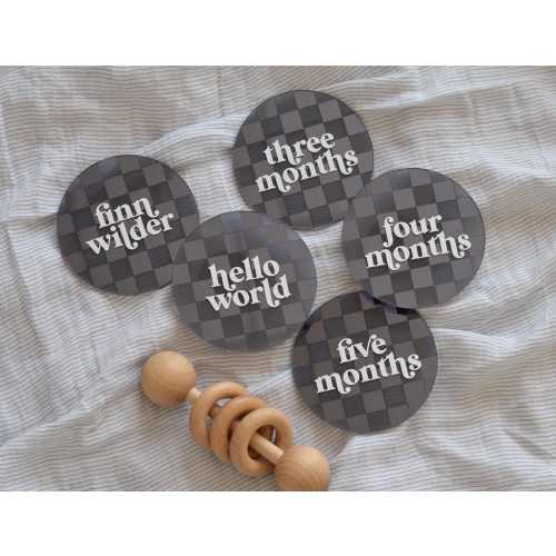 Mirrored Acrylic - Checkered 4" Monthly Milestone | Chrome Baby Disc, Name Plate, Hello World | Baby's First Year Photography, Newborn Gift