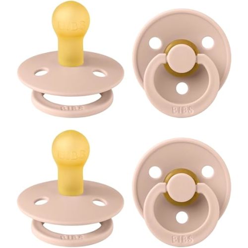 BIBS Colour Pacifier 4-Pack, BPA Free Dummy Pacifier, Round Nipple. Natural Rubber Latex, Made in Denmark, Size 1 (0-6 Months), Blush