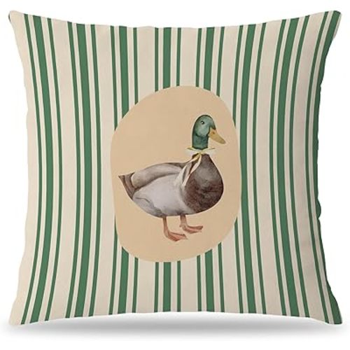 Vintage Mallard Duck Green Striped Pillow Covers 18x18, Mallard Duck Nursery Decor, Farmhouse Wild Animal Pillow Cover Pillowcase for Kids Room Home Living Room Bedroom Sofa Couch