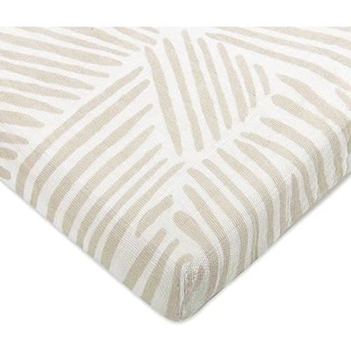 Babyletto 100% Organic Cotton All-Stages Midi Crib Sheet, GOTS-Certified, Fitted 360°, Ultra-Soft and Breathable Muslin - Oat Stripe