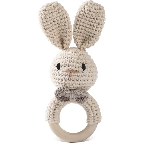 Handmade Crochet Easter Bunny Wooden Baby Rattle Toy for 0-6 Months - Organic Stuffed Animal for Newborn
