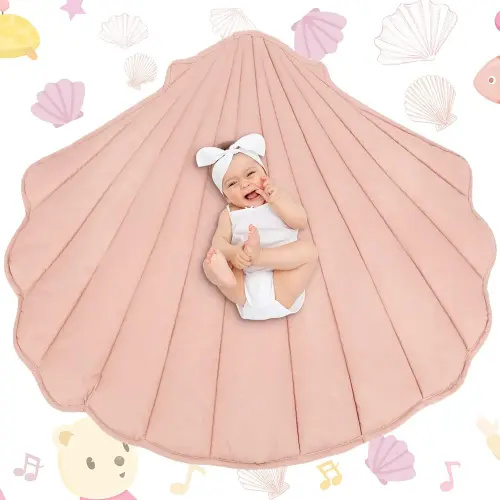 Funtery Baby Play Mat 56 x 42 Inch Cotton Crawling Cushion Cotton Nursery Rug Large Thick Soft Reversible Washable Folding Floor Mat Playpen Mat Nursery Decor Rug for Girls Boys (Light Pink,Shell)
