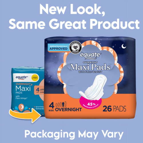 Equate Overnight Maxi Pads with Wings, Size 4, Overnight Protection (26 Count) HSA/FSA Eligible