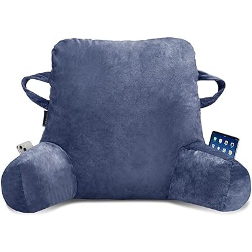 Portable Comfy Reading Pillows for Sitting in Bed Adult(Blue), Bed Pillow with Arms & Pockets,Elastic Sponge & Washable Cover,Back Pillow for Reading/Watching/Gaming/Resting