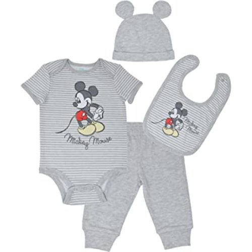 Disney Mickey Mouse 4 Piece Outfit Set: Bodysuit Pants Bib Hat
