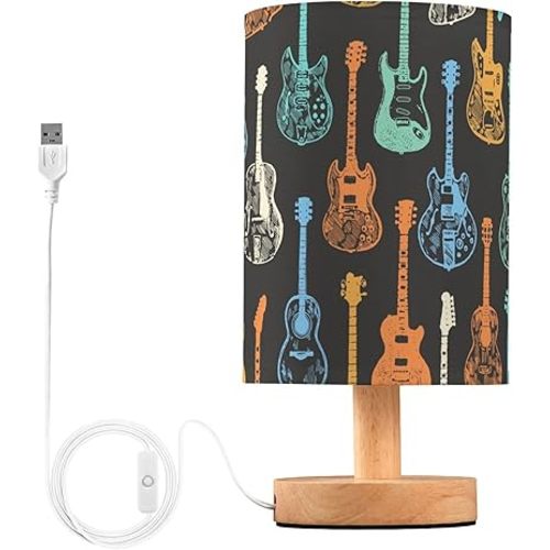 Vintage Guitar Pattern Table Lamp with Wood Base Fabric Lamp Shade Bedside Nightstand Desk Lamp for Living Room Bedroom Kids Room Office