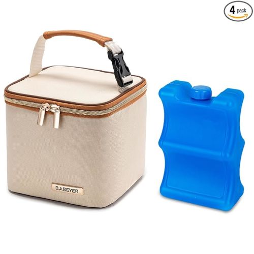 Breastmilk Cooler Bag with Ice Pack Fits 4 Baby Bottles Up to 5 Ounce, Baby Bottle Cooler Bag Great for Nursing Mom Daycare,Beige