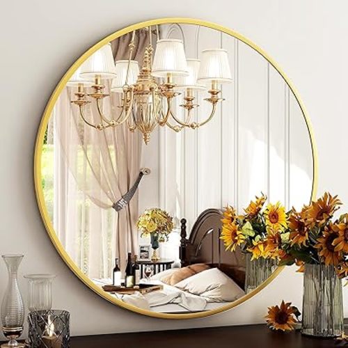 HARRITPURE Round Mirror 30 Gold Wall Mounted Circle Mirrors Vanity Mirror with Brushed Aluminum Alloy Frame Modern Decoration for Bathroom, Living Room, Vanity, Bedroom, Entryway