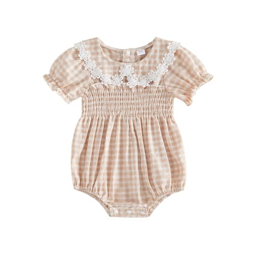MERSARIPHY Newborn Baby Girl Summer Clothes Peter Pan Collar Plaid Flower Smocked Bubble Short Sleeve Romper One Piece Outfit