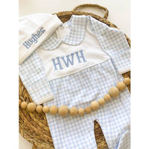 Baby Boy Outfit for Hospital, Personalized Baby Gift, Footie Romper, Gingham Outfit, Monogrammed sleeper, Newborn Photos