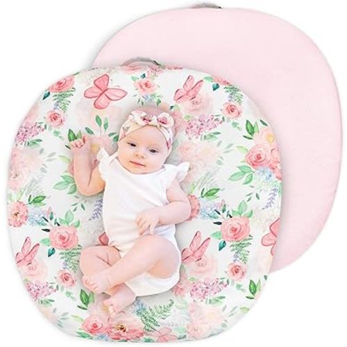 Newborn Lounger Cover for Girls Boys, Removable Soft Baby Lounger Cover, Reversible Infant Lounger Cover Minky, Pink Floral & Butterfly (Only Cover)