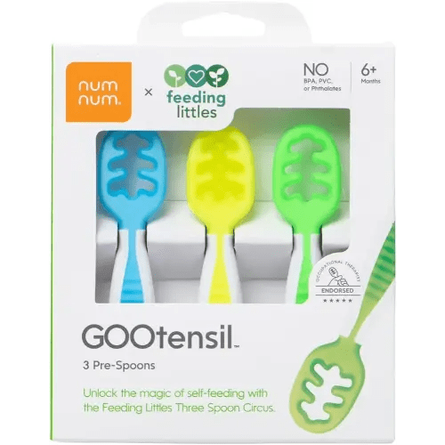 NumNum Baby Spoons Set, Feeding Littles x Silicone Pre-Spoon GOOtensils for Kids Aged 6+ Months - First Stage, Baby Led Weaning (BLW), Teething Spoon - Toddler Utensils - 3 Spoons, Neon