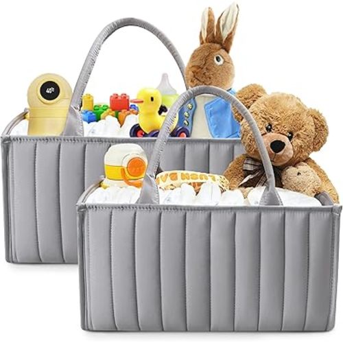 SWEET DOLPHIN 2-Pack Baby Diaper Caddy Organizers, Stylish Storage Baskets for Newborn Essentials, Diaper Station & Car Travel, Value Bundle for Baby Shower Gifts & Registry Must-Haves - Grey